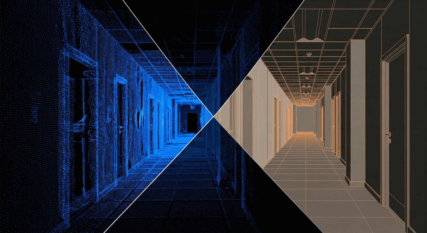Point cloud to BIM conversion showing raw scan data alongside completed Revit model